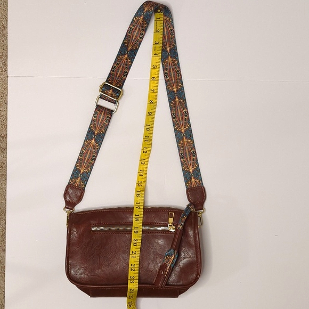 Brown Faux Leather Shoulder Bag with Retro Patterned Strap, Tribal, Aztec,Guitar - Picture 10 of 12
